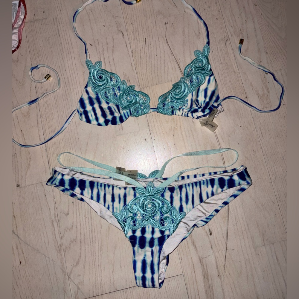 Beach Bunny Turquoise and White Bikini with Floral Accents